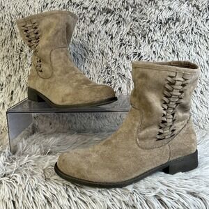 Dolce Mojo Moxy Slouch Julie Ankle Boots Fabrics Tan Cut Outs Boho 7.5 M Pull On